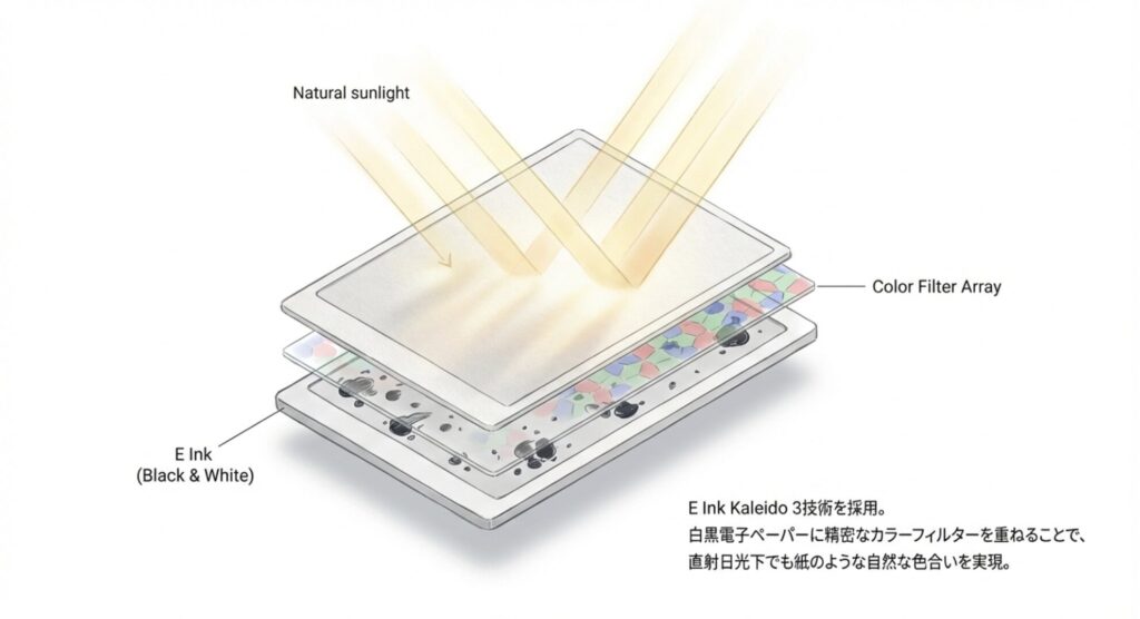 白黒電子ペーパーにカラーフィルターを重ねたE Ink Kaleido 3の構造図