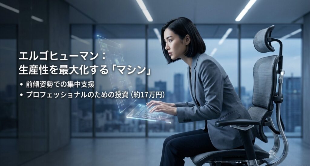 エルゴヒューマンの特徴である前傾姿勢での集中支援とプロフェッショナルのための投資(約17万円)についての解説スライド