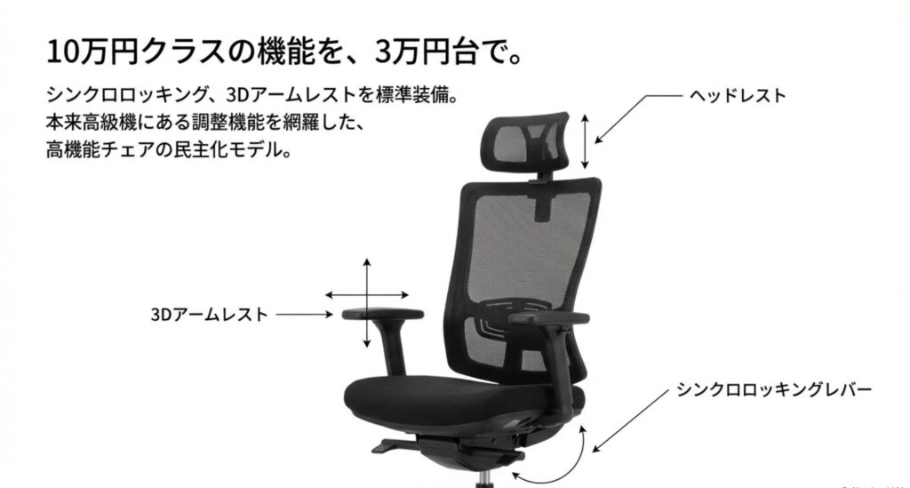 シンクロロッキングや3Dアームレストなど10万円クラスの機能を搭載したFlexiSpot C8の機能一覧