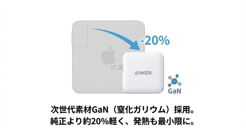 次世代素材GaN（窒化ガリウム）の採用により、Apple純正アダプタと比較して約20%軽く、発熱も最小限に抑えられたAnker充電器