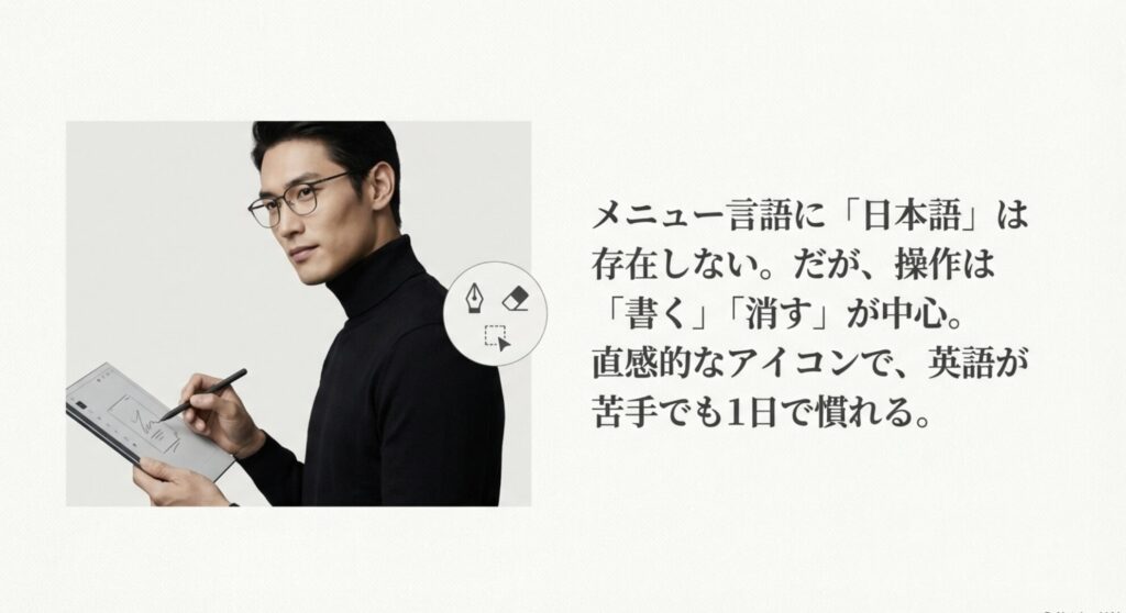 メニュー言語に日本語はないが直感的なアイコンで操作可能であることを説明する男性の画像