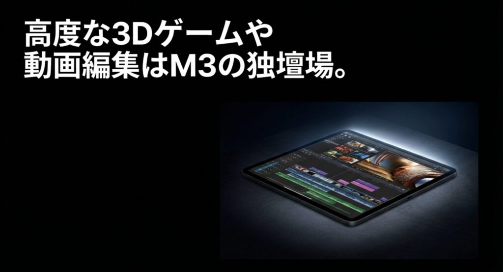iPadのM3チップが高度な3Dゲームや動画編集などのクリエイティブ作業に優れていることを示す画像