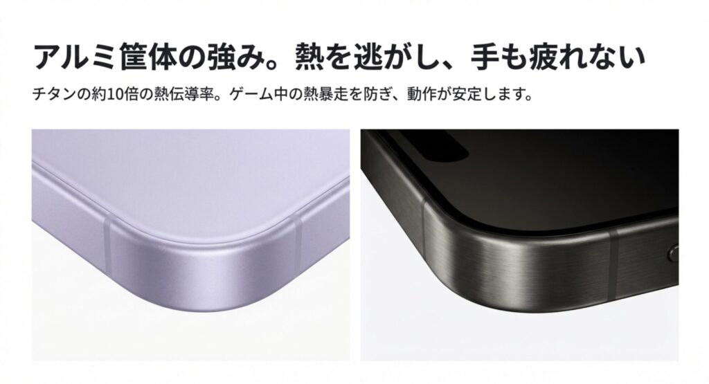 iPhone17のアルミ筐体が熱を逃がしやすく長時間の使用でも手が疲れないことを解説するスライド