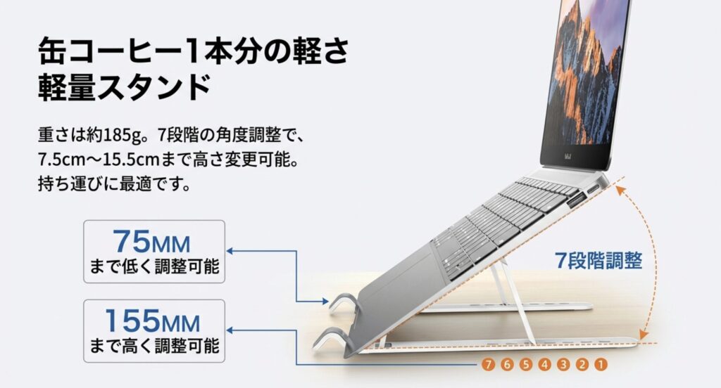 重さ約185gで7.5cmから15.5cmまで高さ変更が可能な持ち運び用PCスタンド