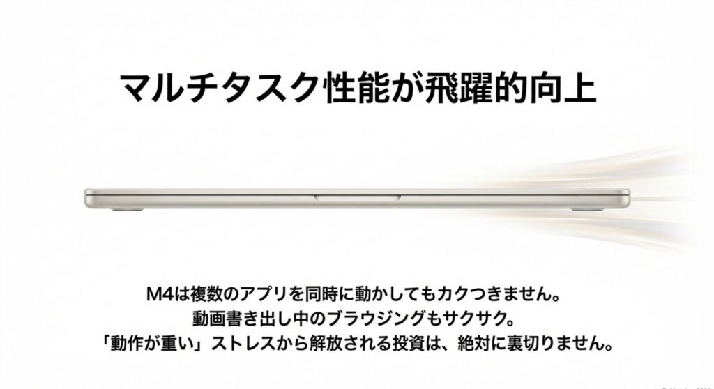 M4チップ搭載MacBook Airのマルチタスク性能解説。複数のアプリを同時に動かしてもカクつかない動作の快適さについて