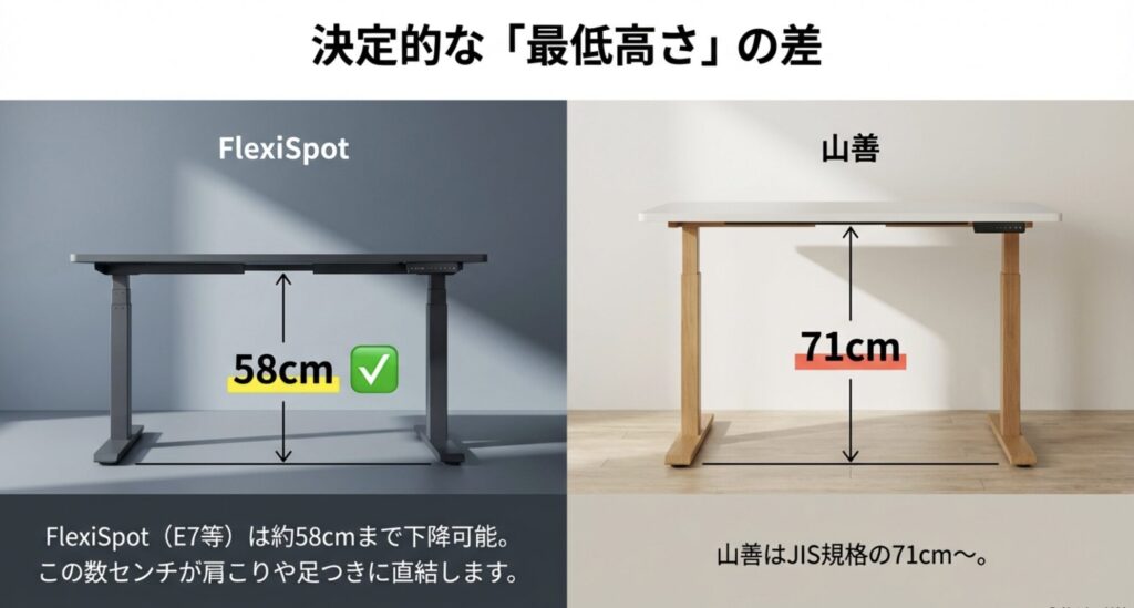 FlexiSpotは最低58cm、山善は最低71cmまで下降可能。この数センチの差が小柄な人の足つきや肩こり軽減に直結することを示した比較画像。