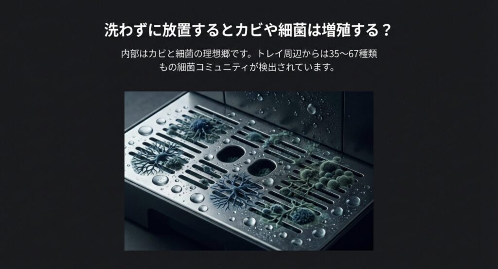 コーヒーメーカーのトレイ周辺でカビや細菌が増殖しているイメージ図