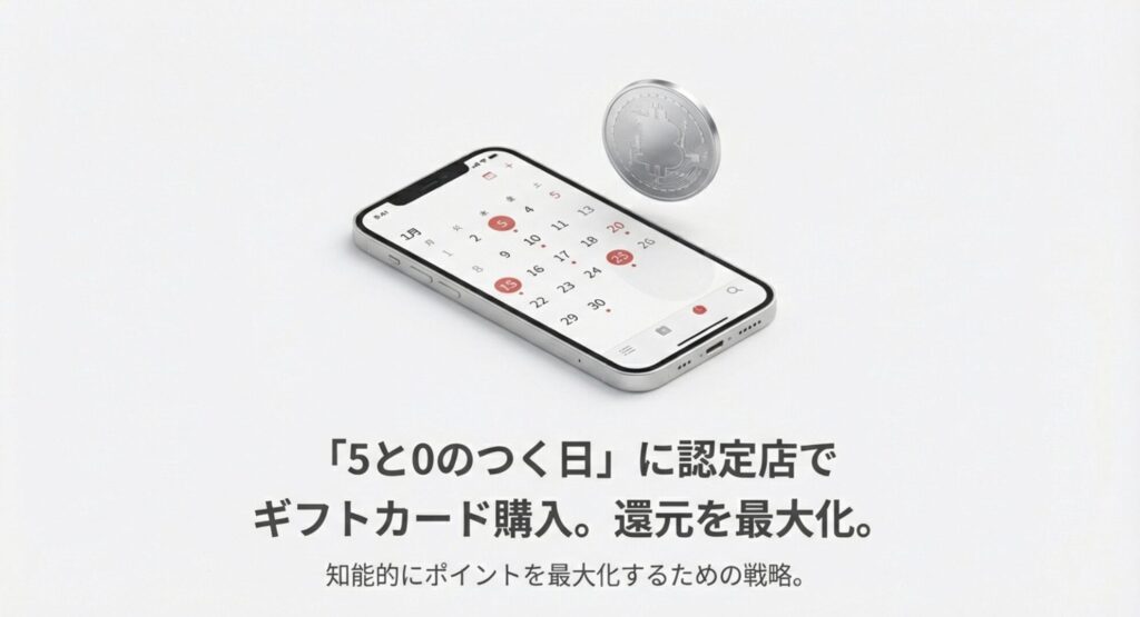 カレンダー上の「5と0のつく日」を狙い、Apple Gift Card認定店でポイント還元を最大化する戦略を説明する画像。