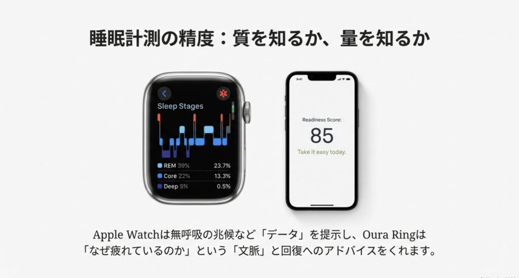 Apple Watchの睡眠ステージデータとOura Ringのコンディションスコア画面の比較。データ提示と文脈理解の違い。