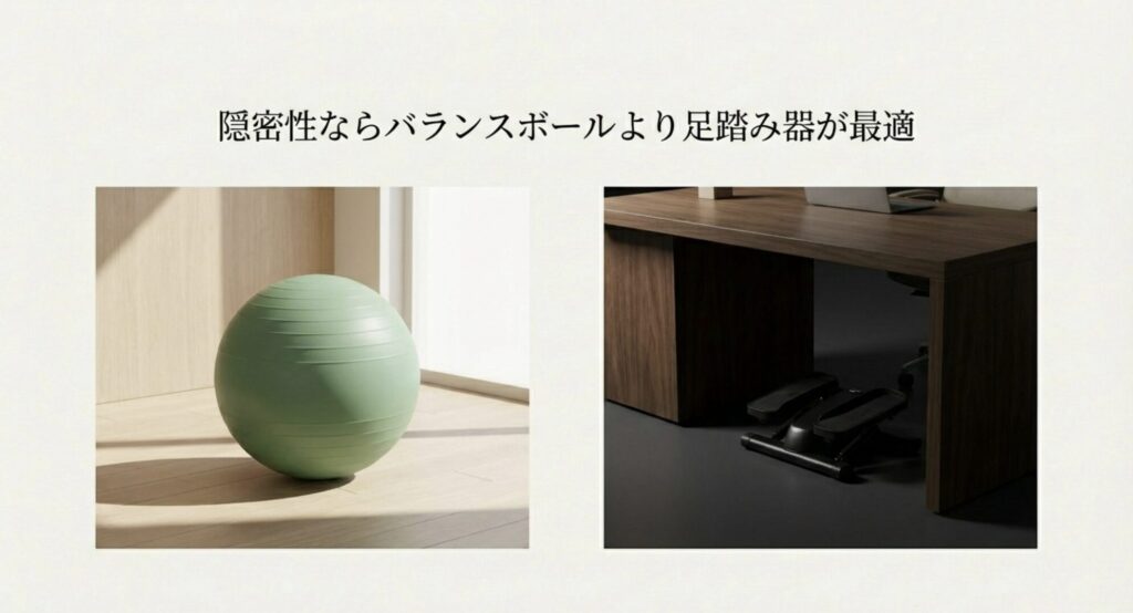 隠密性ならバランスボールより足踏み器が最適であることを示す比較スライド