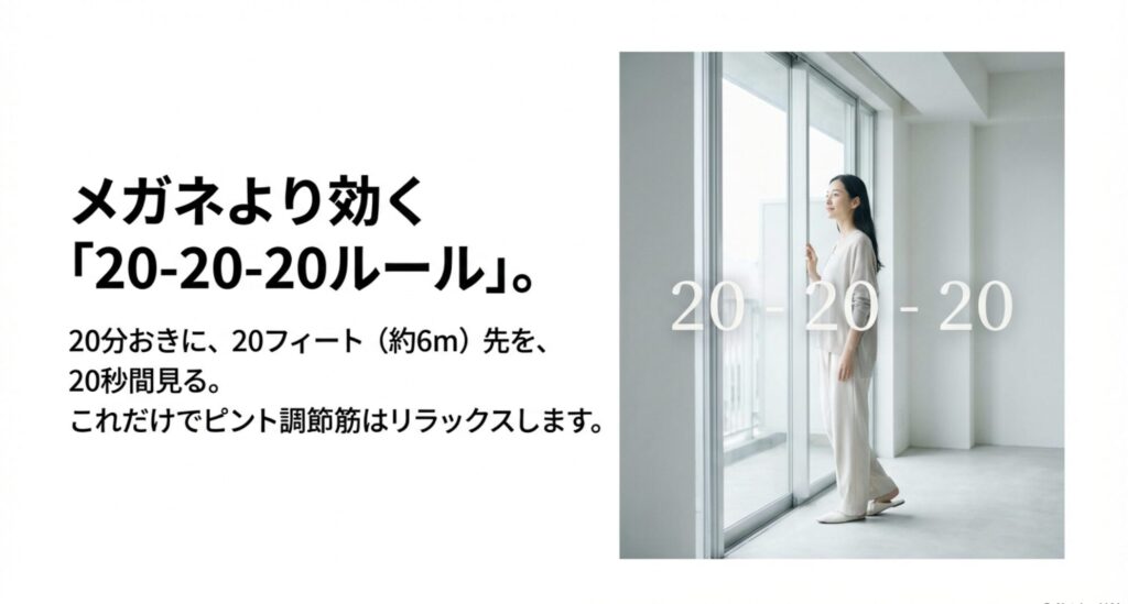20分おきに20フィート先を20秒見る「20-20-20ルール」を説明する女性のイメージスライド