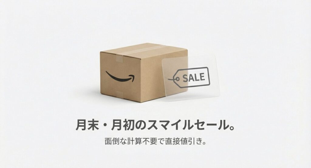 Amazonの段ボールとセールタグのイラスト。月末・月初のセールで面倒な計算不要の直接値引きが受けられることを説明するスライド。