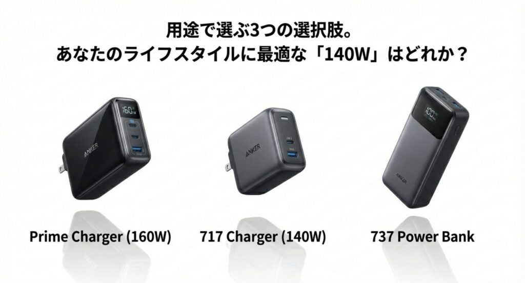 用途に合わせて選べるPrime Charger(160W)、717 Charger(140W)、737 Power Bankの3つのAnker製品ラインナップ