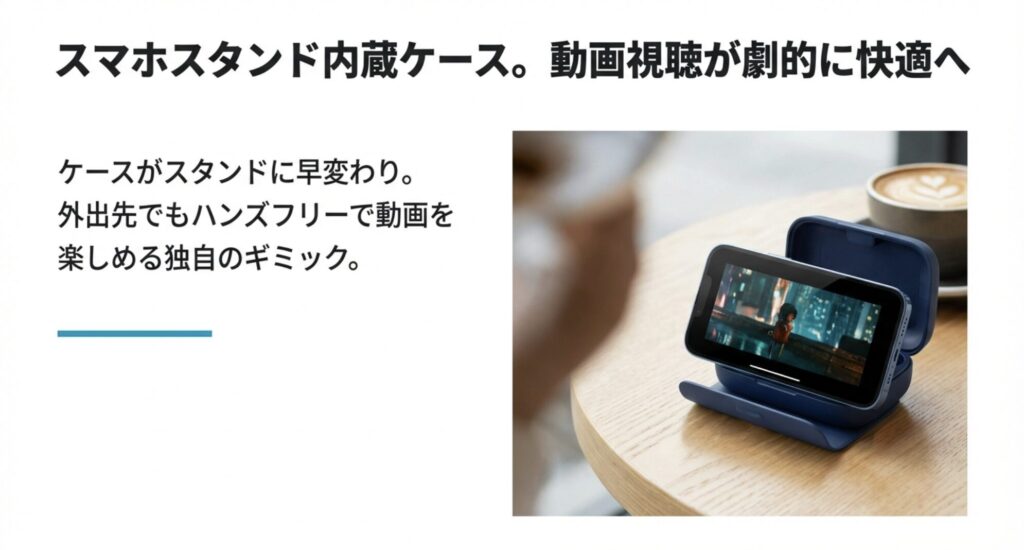 Anker P40iの充電ケースをスマホスタンドとして使い、外出先でハンズフリーで動画を楽しんでいる様子。