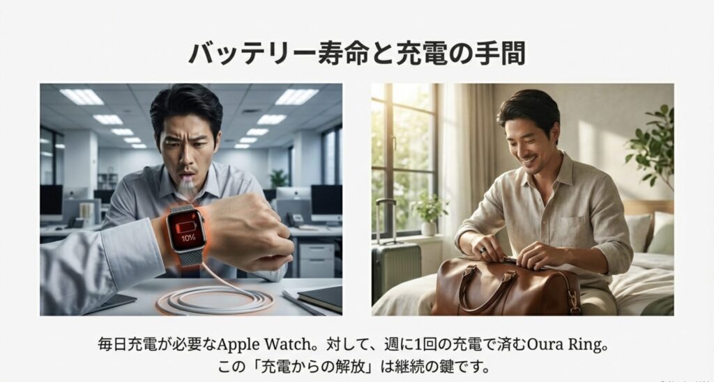 毎日充電が必要なApple Watchと週1回充電のOura Ring。バッテリー持ちと充電サイクルの違いを示す画像。