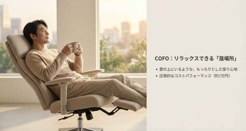 COFO Chairのリラックスできる座り心地と約7万円という圧倒的なコストパフォーマンスを解説したスライド。男性がリラックスして座っている写真