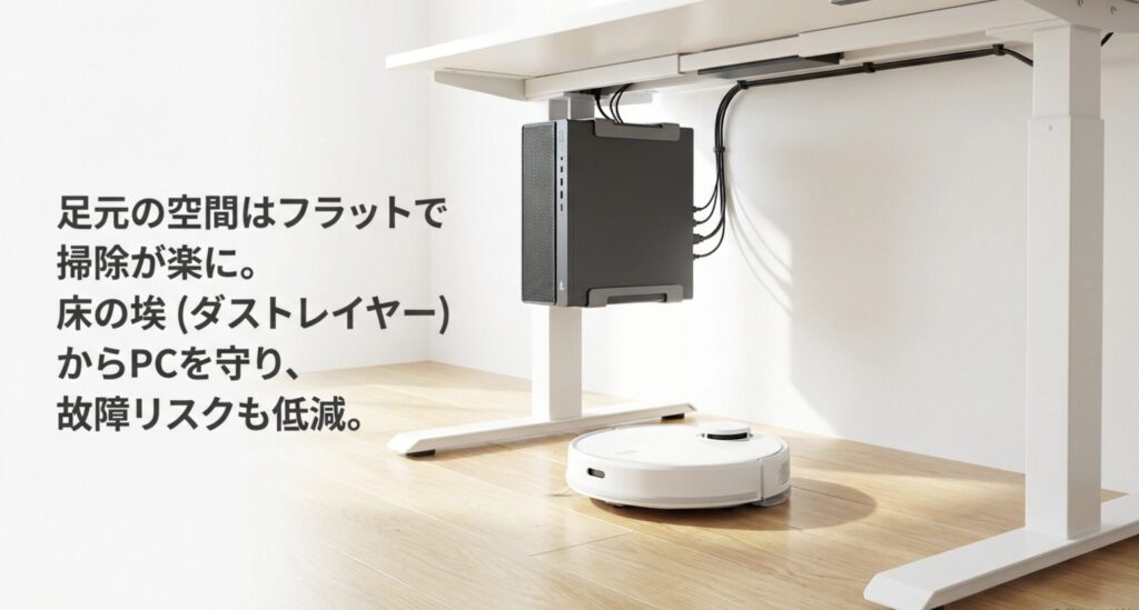 PCを吊り下げることで床の埃(ダストレイヤー)からPCを守り、掃除も簡単になるメリットの説明