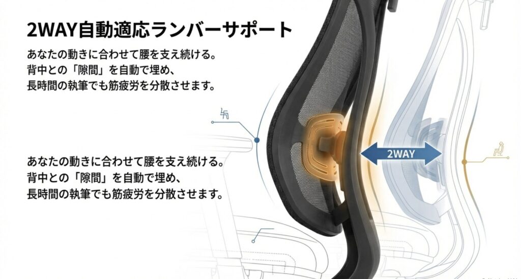 座る人の動きに合わせて腰を支え続ける2WAY自動適応ランバーサポートの図解