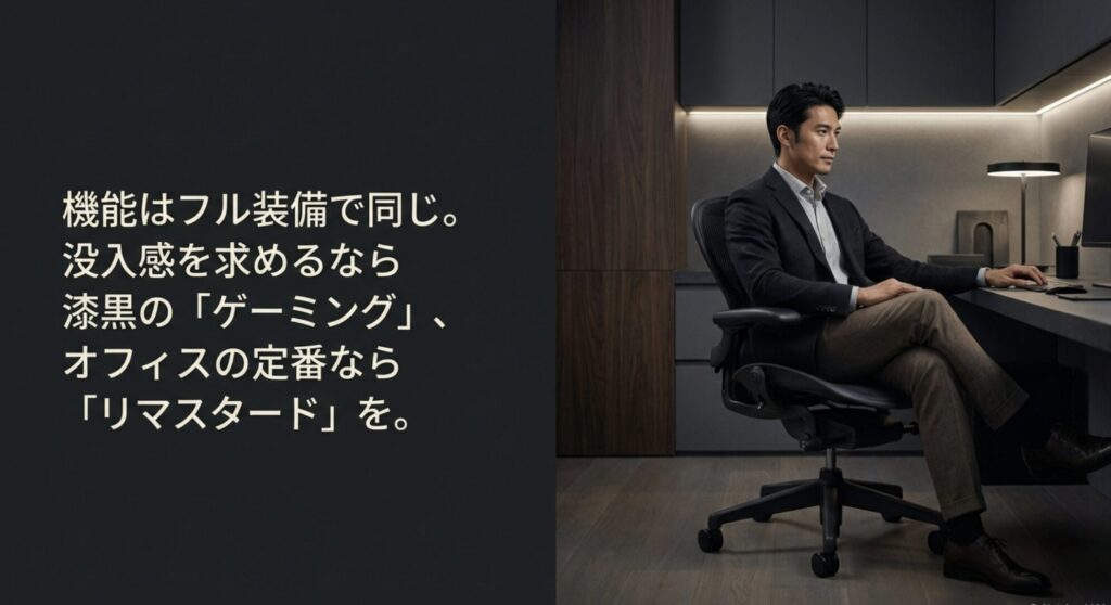 没入感を求める漆黒のゲーミングモデルと、オフィスの定番であるリマスタードモデルを用途別に提案する比較スライド。