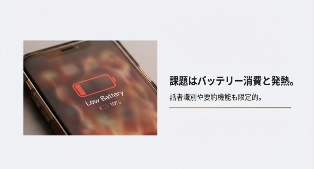 iPhoneの画面に「Low Battery 10%」と表示された画像。文字起こし処理によるバッテリー消費と発熱、話者識別の限定性についての説明。