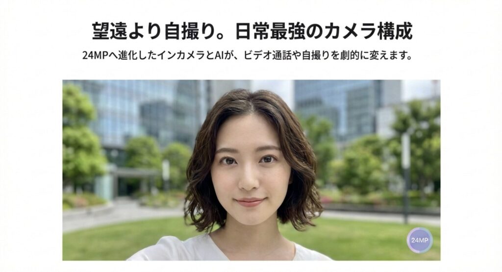 iPhone17の24MPインカメラによる自撮り性能とビデオ通話の進化を示すスライド