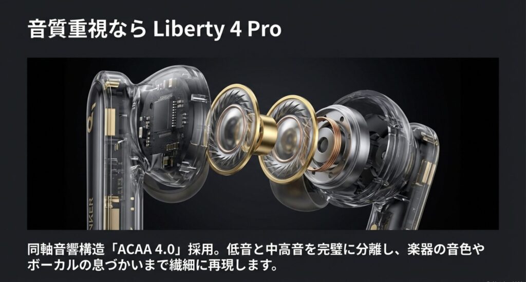 高音質を重視するLiberty 4 Proに搭載された同軸音響構造ACAA 4.0の解説図