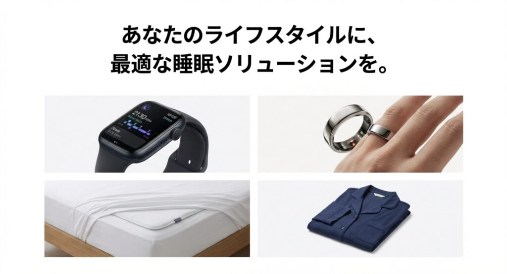 スマートウォッチ、スマートリング、リカバリーウェアなど多様な睡眠ソリューションを並べたスライド