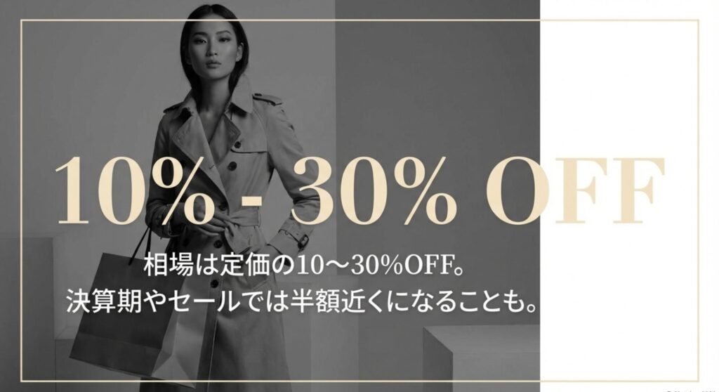 ガーミンアウトレットの相場は定価の10〜30%OFF、決算期は半額近くになることを示すグラフ。