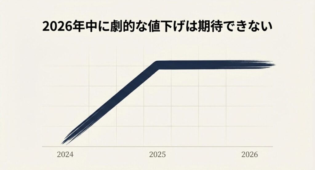 2024年から2026年にかけての価格推移を示すグラフで、2026年中も劇的な値下げは期待できないことを解説するスライド