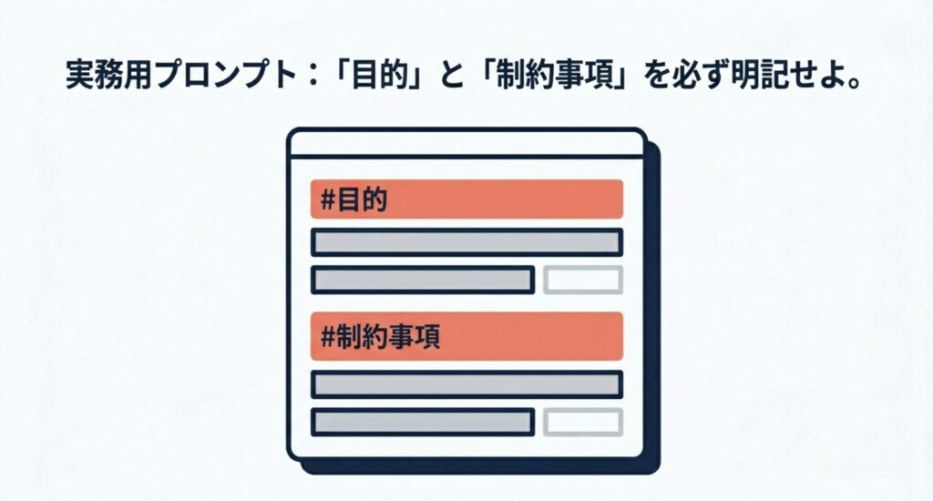 実務で使用するプロンプトの例として、目的と制約事項を必ず明記する構成を示したスライド