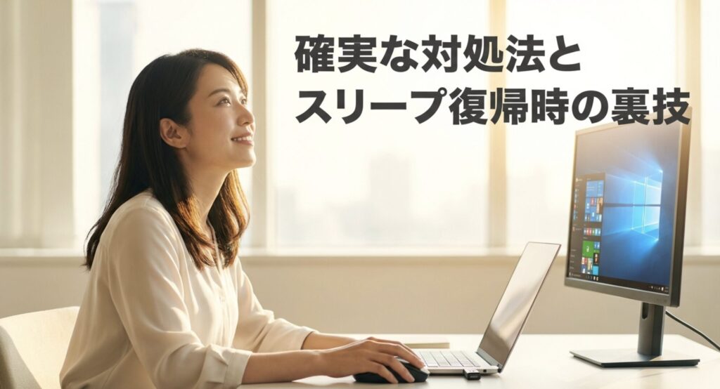 トラブルが解決し、明るい日差しの中で笑顔でパソコンに向かう女性