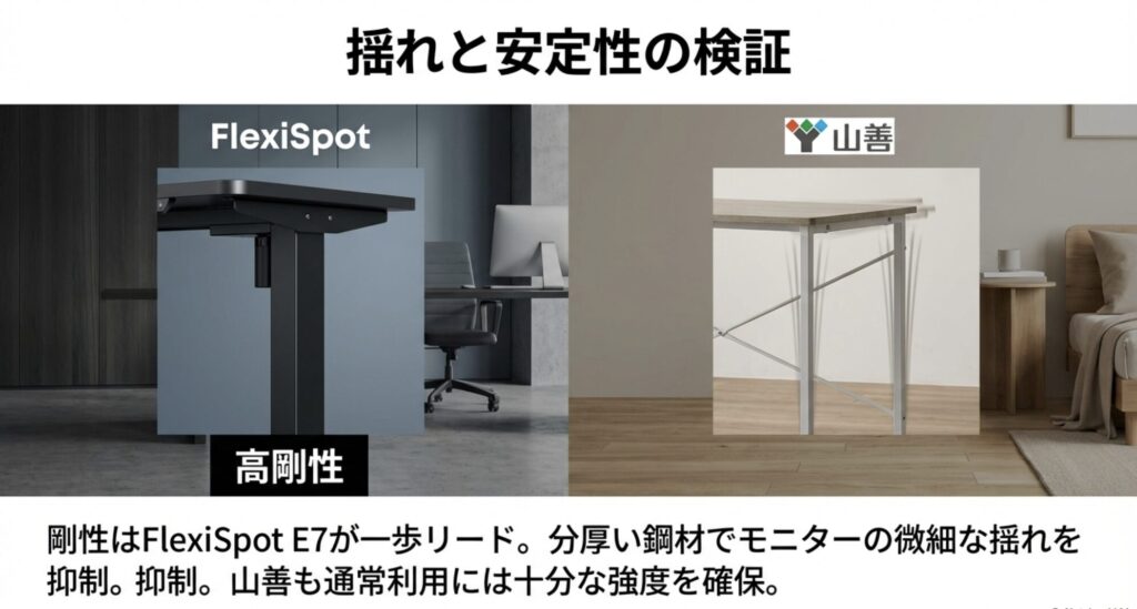 剛性は分厚い鋼材を使用しているFlexiSpot E7が一歩リード。山善も通常利用には十分な強度を確保しているが、モニターの微細な揺れ抑制には差があることを解説。