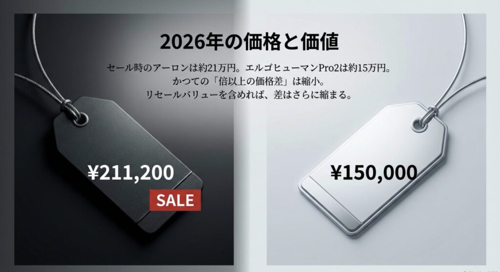 セール時のアーロンチェア約21万円とエルゴヒューマンPro2約15万円の価格差と価値の比較グラフ
