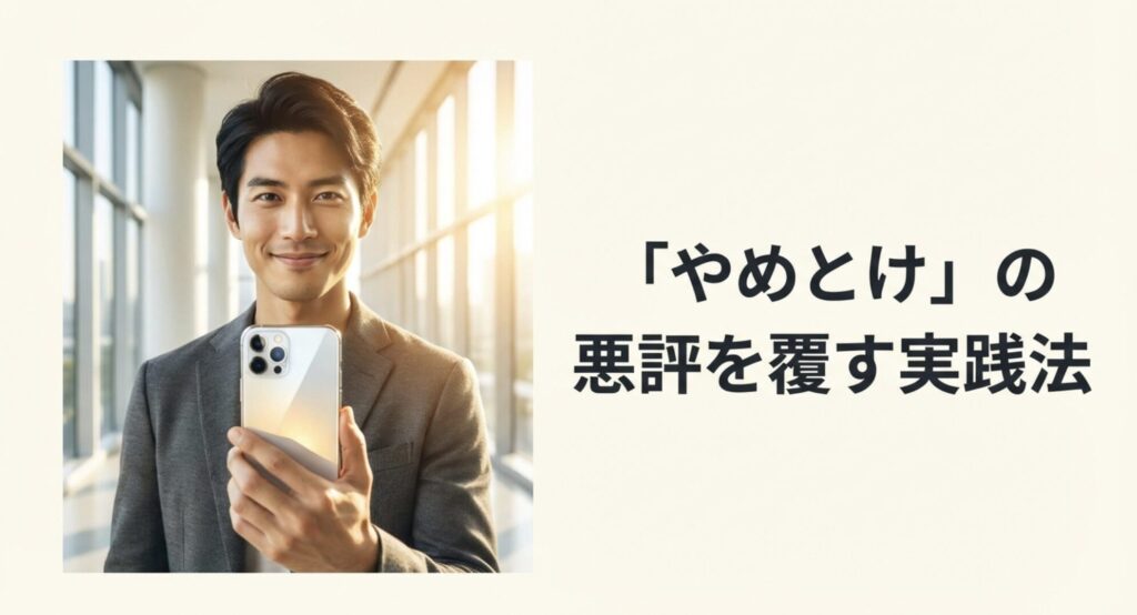 スマホを持って笑顔で立っている男性の画像