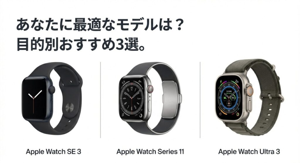 Apple Watch SE3、Series 11、Ultra 3の目的別おすすめモデル比較スライド