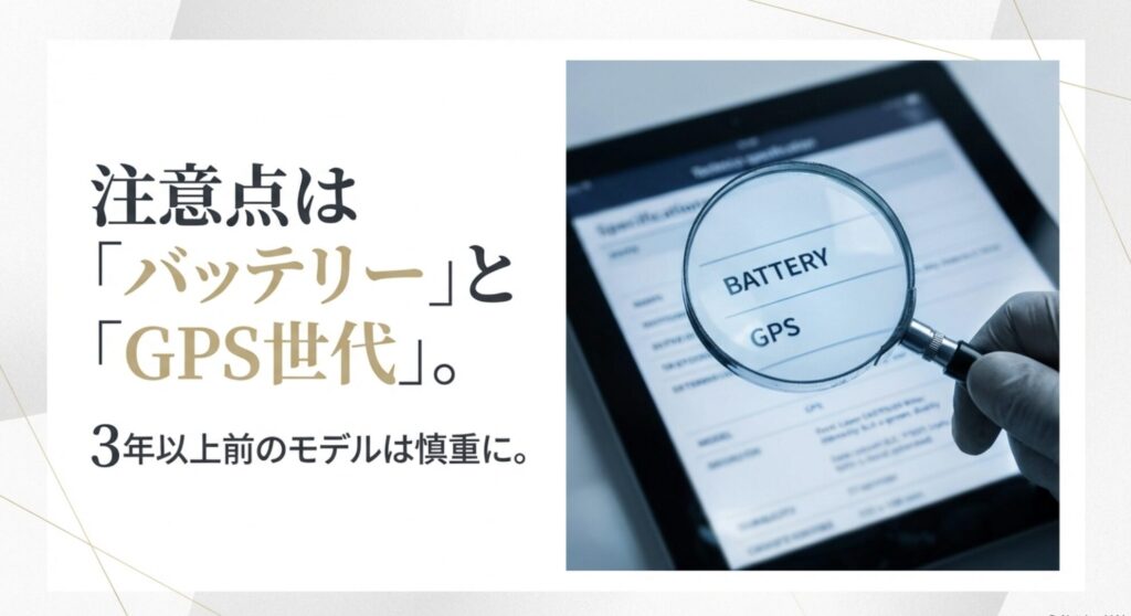 型落ちモデル購入時の注意点としてバッテリーとGPS世代の確認を促すスライド。