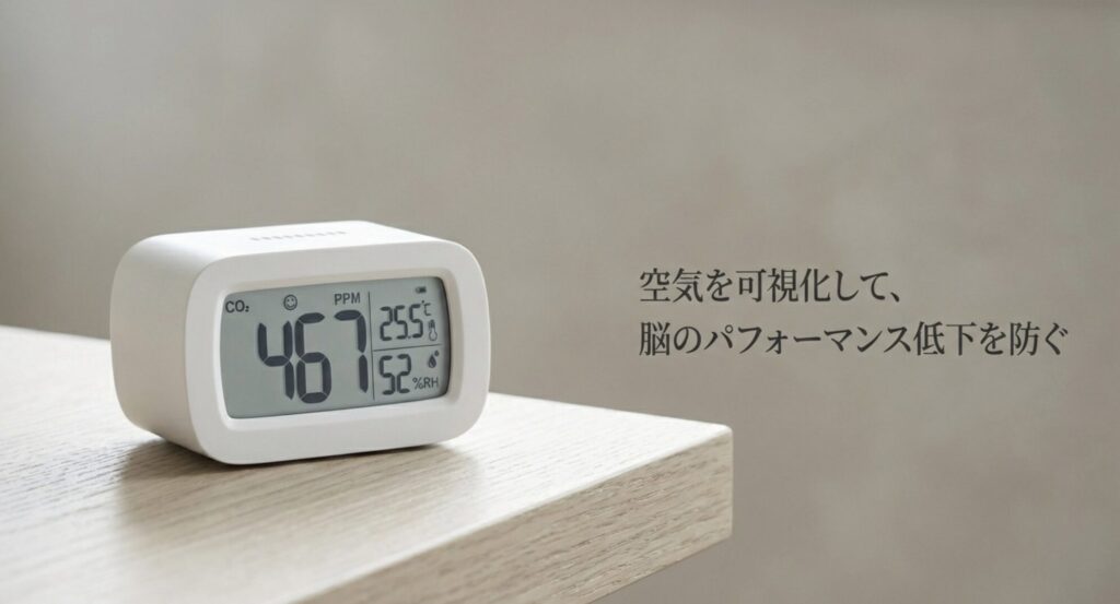 CO2センサーの数値表示画面と、空気を可視化して脳のパフォーマンス低下を防ぐというテキスト