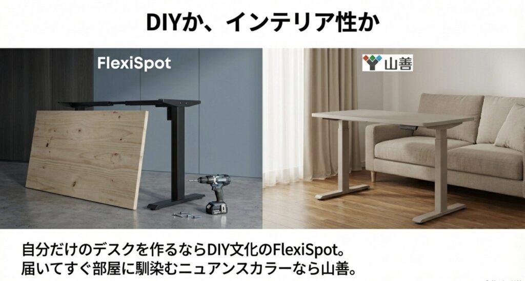 自分だけの天板でデスクを作るならDIY文化のFlexiSpot、届いてすぐ部屋に馴染むニュアンスカラーを求めるなら山善がおすすめであることを示した比較画像。