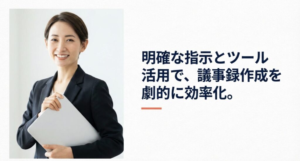 明確な指示と適切なツールの活用によって、議事録作成を劇的に効率化できることをまとめたスライド