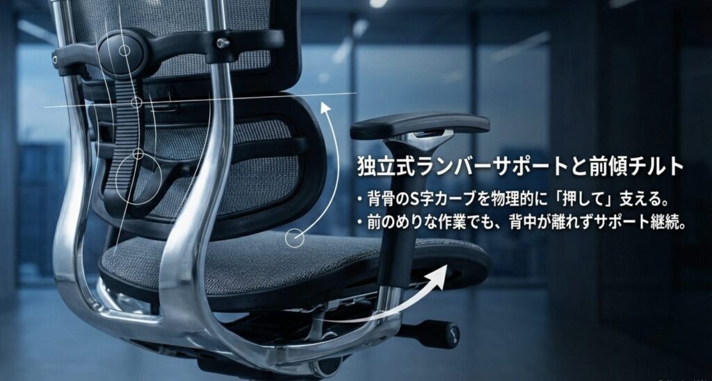 エルゴヒューマンの独立式ランバーサポートが背骨のS字カーブを物理的に支え、前傾姿勢でもサポートを継続する仕組みの解説