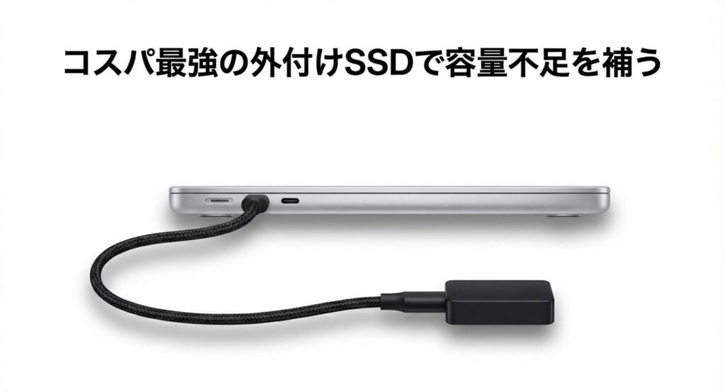 コスパ最強の外付けSSDを利用してMacBook Airの容量不足を補う方法を示すスライド