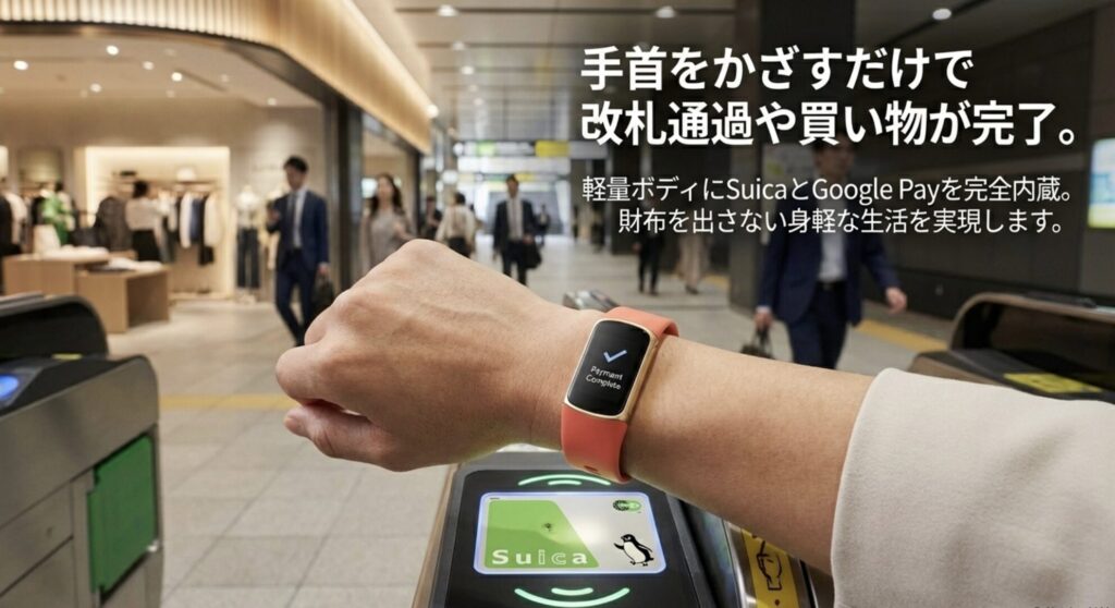 SuicaとGoogle Payを完全内蔵したFitbit Charge 6。手首をかざすだけで改札通過や買い物が完了する決済機能の解説。