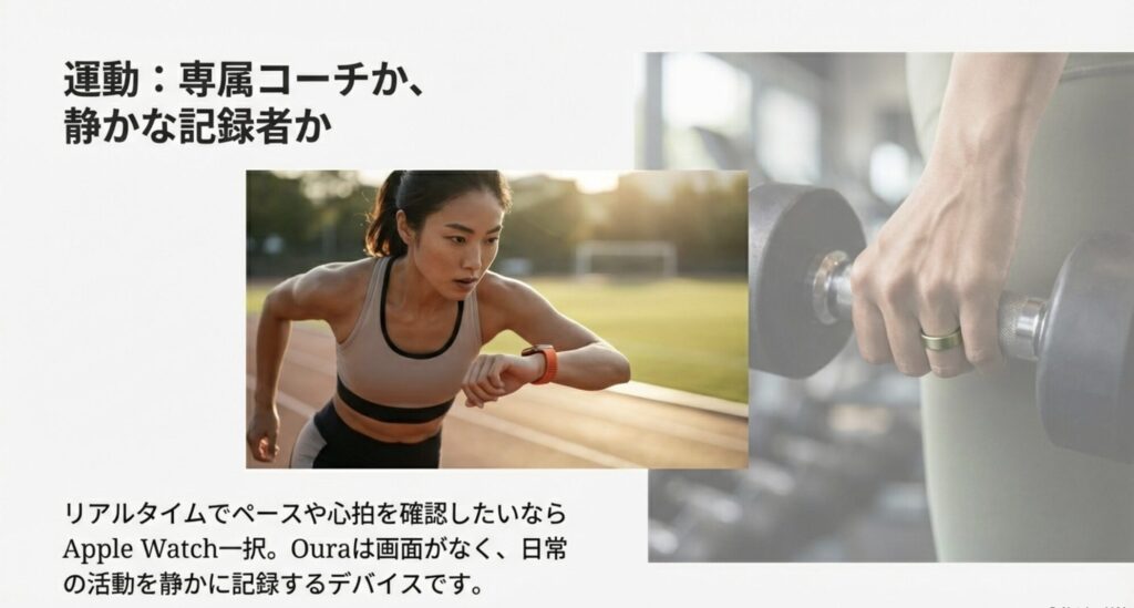 リアルタイムで心拍などを確認できるApple Watchと、画面がなく静かに記録するOura Ringの運動時の違い。