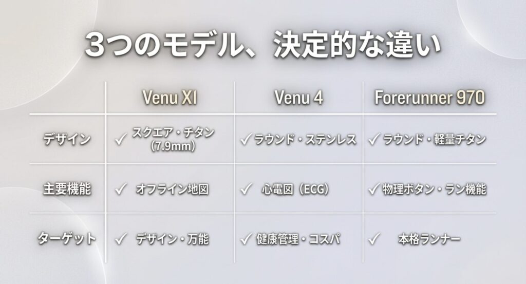 Venu X1、Venu 4、Forerunner 970の3モデルについて、デザイン、主要機能、ターゲット層の違いをまとめた比較表。