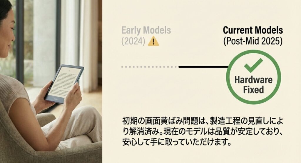 初期の画面黄ばみ問題は解消済みであることを示すHardware Fixedのマーク