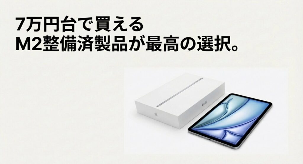 7万円台で購入可能なiPad M2モデルの整備済製品を推奨するテキスト画像