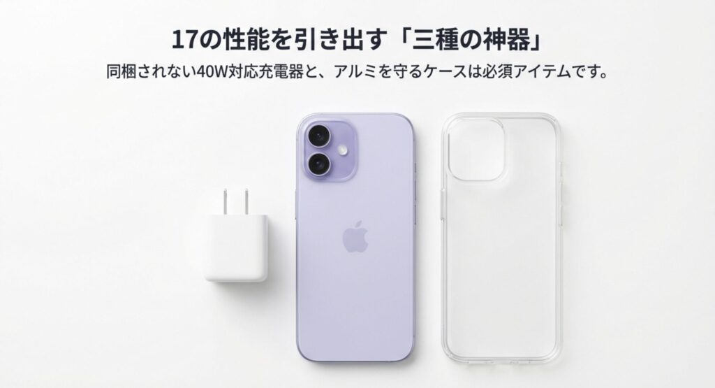 iPhone17の性能を引き出すために必要な40W対応充電器とケースについて解説するスライド