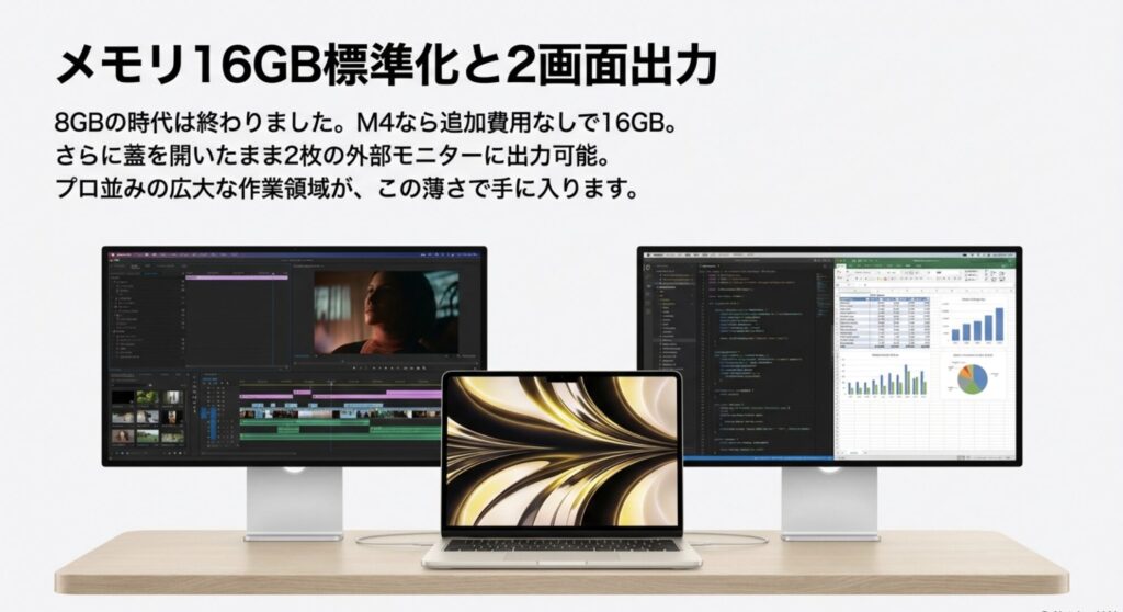 MacBook Air M4の外部モニター2枚出力機能とメモリ16GB標準化のメリット。広大な作業領域を実現するデスク環境のイメージ