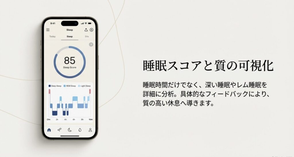 Ouraアプリの睡眠スコア画面。深い睡眠、レム睡眠、浅い睡眠のグラフ表示