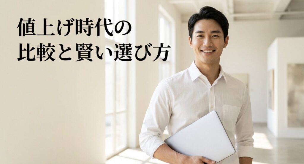 値上げ時代における、パソコンの比較と賢い選び方について解説する見出しスライド